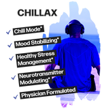 Life Happns Chillax Stress Support Supplement Benefits Listed as Chill Mode, Mood Stabilizing, Healthy Stress Management, Neurotransmitter Modulating, and Physician Formulated