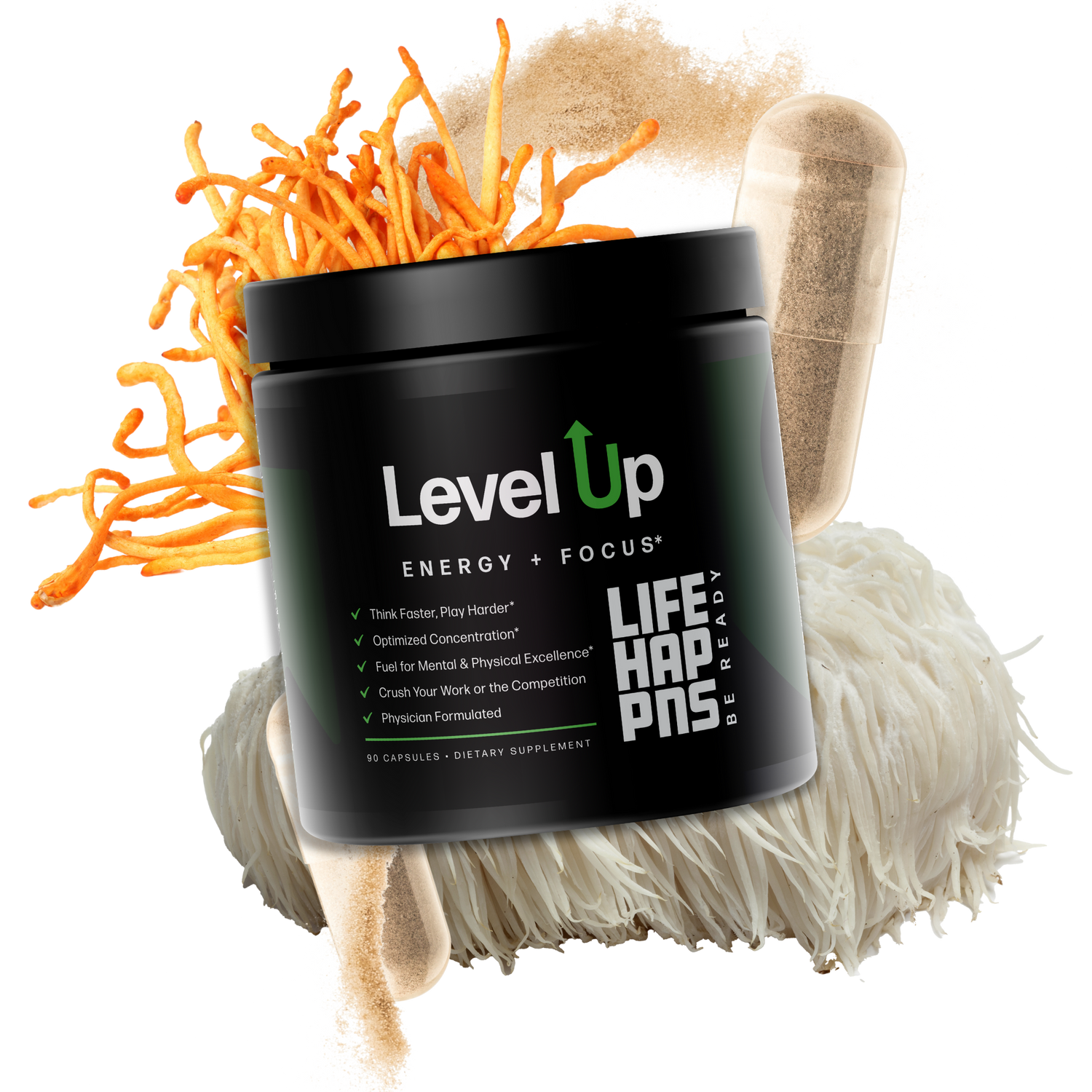 Life Happns Level Up Energy and Focus Supplement with Lion’s Mane Mushroom, Cordyceps, and Capsule