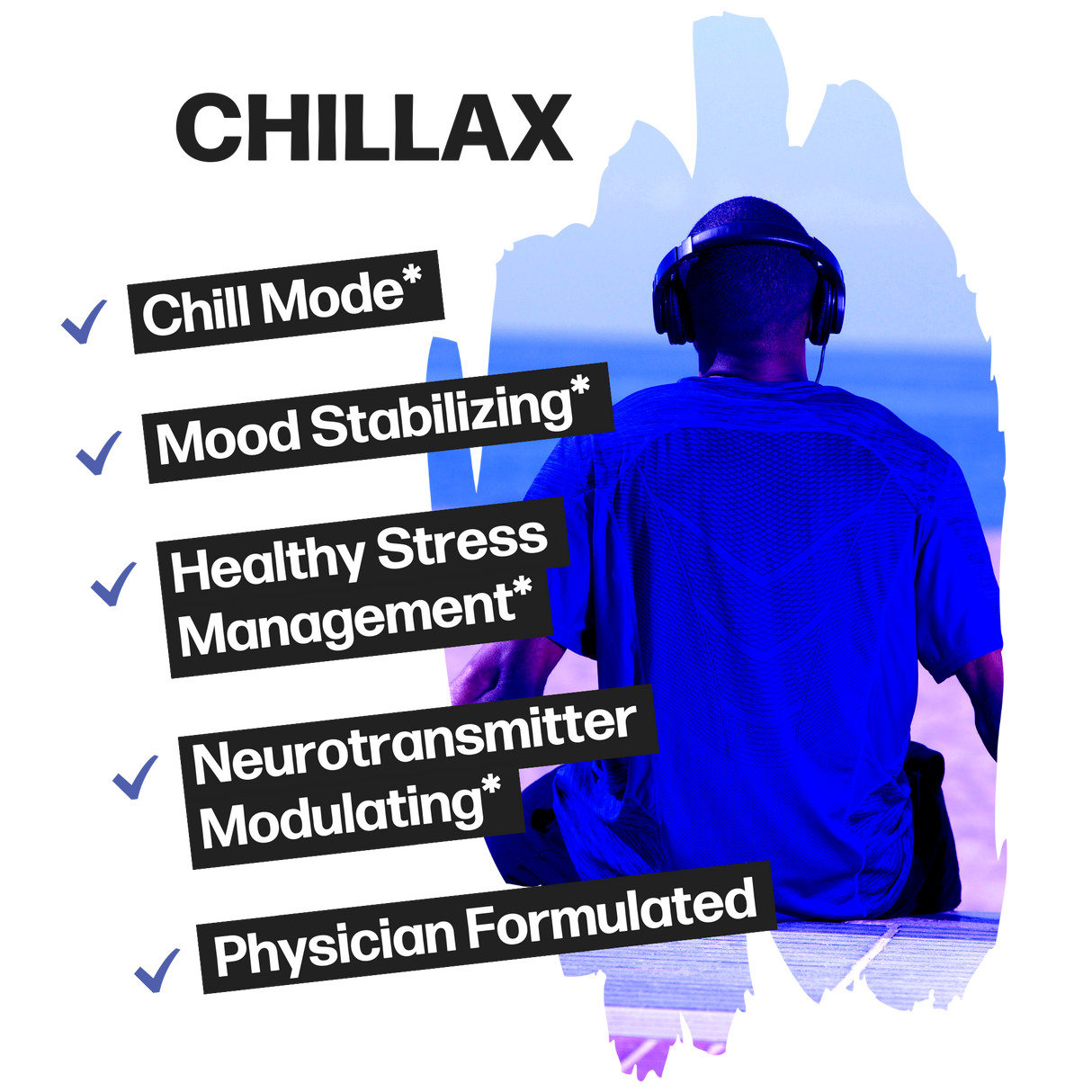 Life Happns Chillax Stress Support Supplement Benefits Listed as Chill Mode, Mood Stabilizing, Healthy Stress Management, Neurotransmitter Modulating, and Physician Formulated