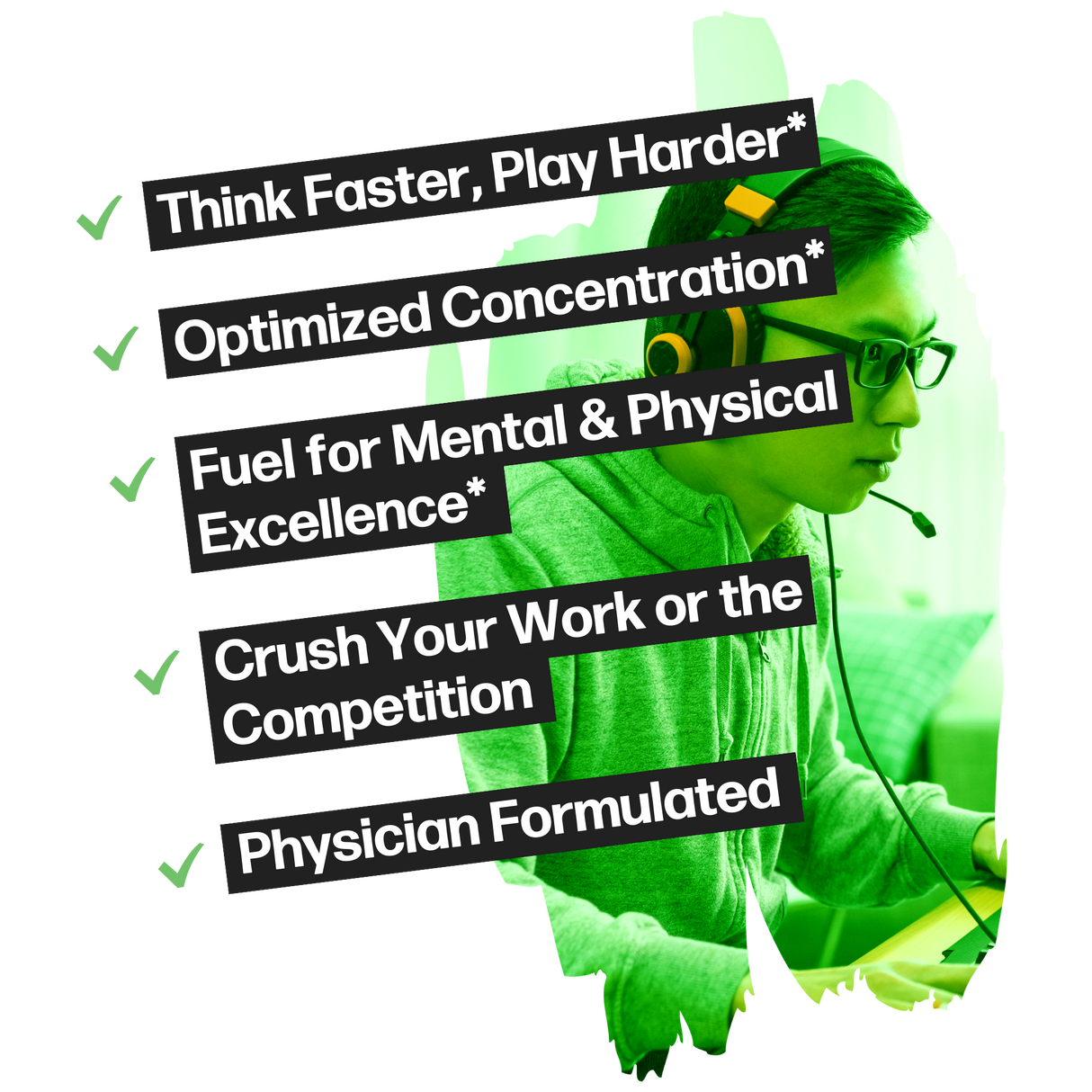 Life Happns Level Up Energy and Focus Supplement Benefits Listed as Think Faster, Play Harder, Optimized Concentration, Fuel for Mental and Physical Excellence, Crush Your Work or the Competition, and Physician Formulated