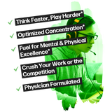 Life Happns Level Up Energy and Focus Supplement Benefits Listed as Think Faster, Play Harder, Optimized Concentration, Fuel for Mental and Physical Excellence, Crush Your Work or the Competition, and Physician Formulated