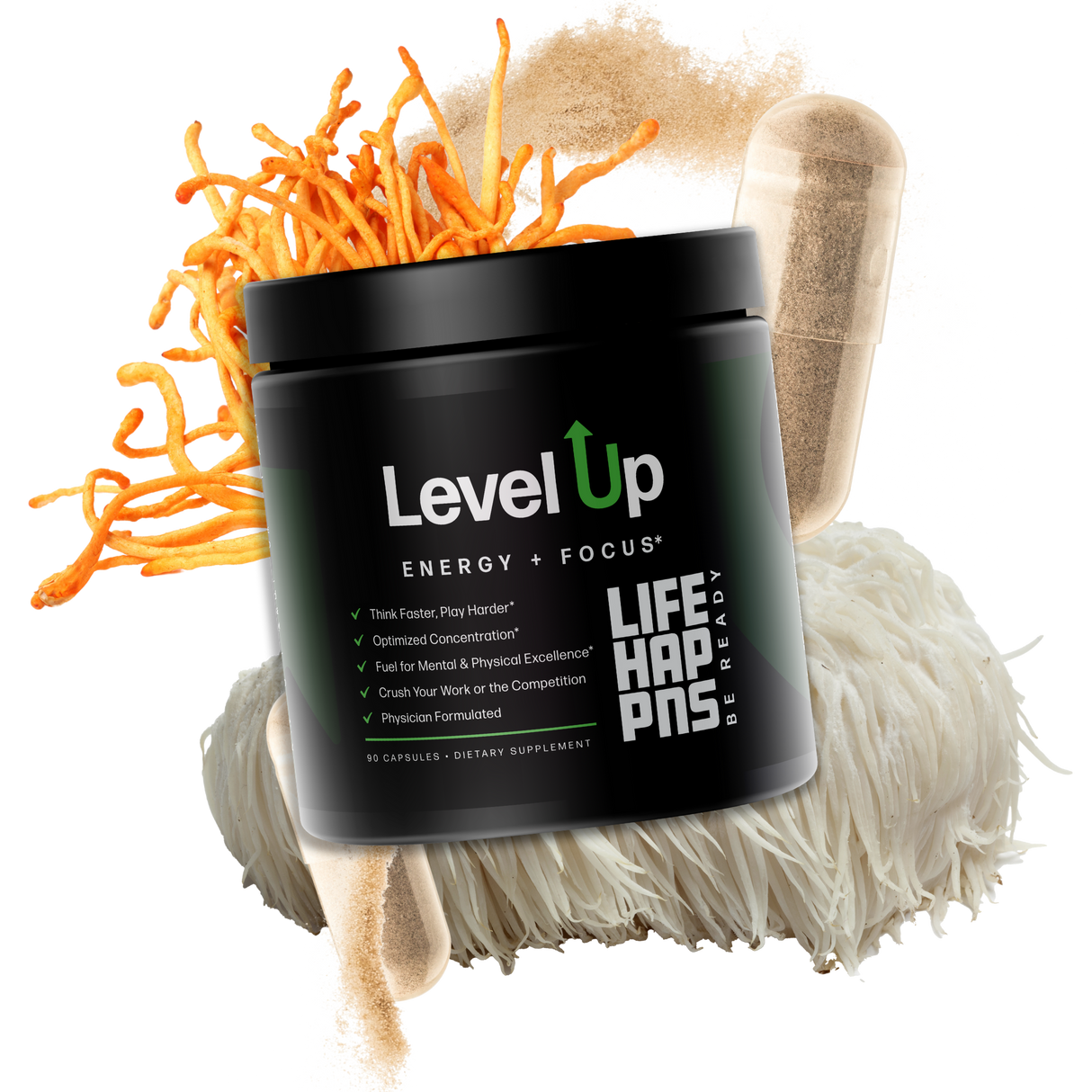 Life Happns Level Up Energy and Focus Supplement with Lion’s Mane Mushroom, Cordyceps, and Capsule